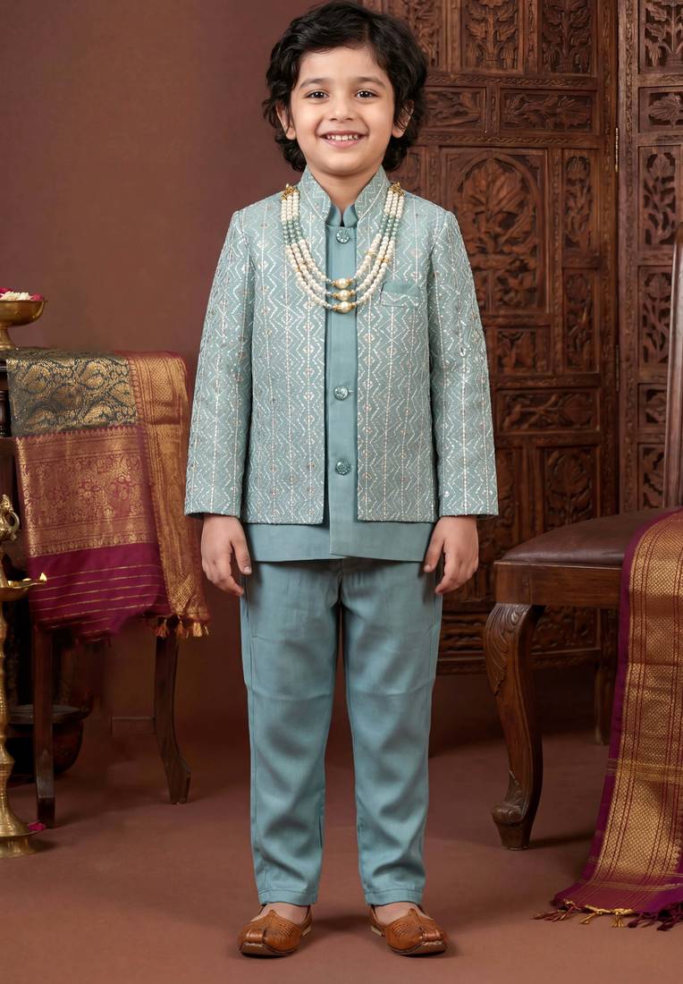 Boys dusty teal satin chevron sequined sherwani set with jacket & necklace