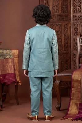 Boys dusty teal satin chevron sequined sherwani set with jacket & necklace 2