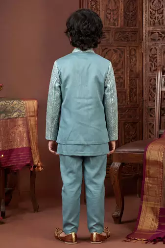 Boys dusty teal satin chevron sequined sherwani set with jacket & necklace