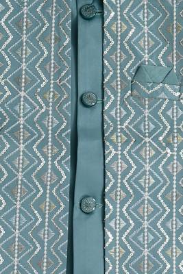 Boys dusty teal satin chevron sequined sherwani set with jacket & necklace 3