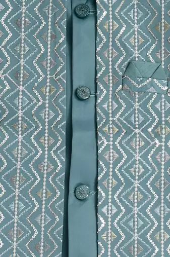 Boys dusty teal satin chevron sequined sherwani set with jacket & necklace