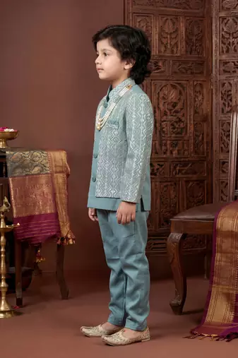 Boys dusty teal satin chevron sequined sherwani set with jacket & necklace