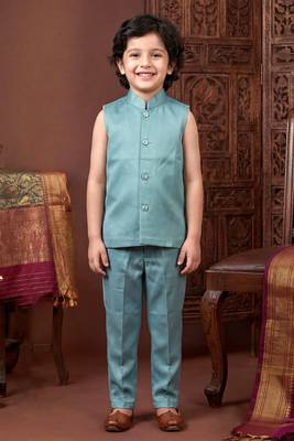 Boys dusty teal satin chevron sequined sherwani set with jacket & necklace 5