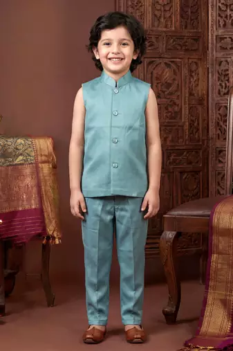 Boys dusty teal satin chevron sequined sherwani set with jacket & necklace