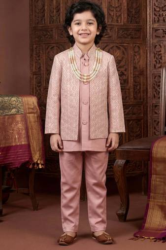 Boys rose pink satin chevron sequined sherwani set with jacket & necklace