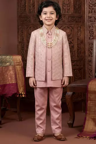 Boys rose pink satin chevron sequined sherwani set with jacket & necklace