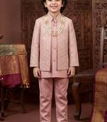 Boys rose pink satin chevron sequined sherwani set with jacket & necklace