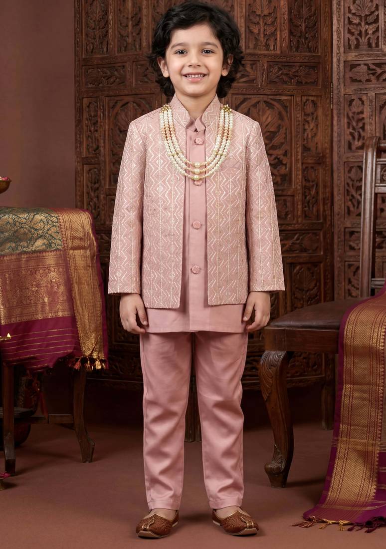 Boys rose pink satin chevron sequined sherwani set with jacket & necklace