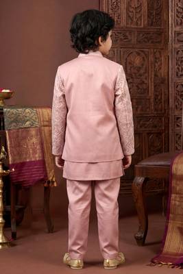 Boys rose pink satin chevron sequined sherwani set with jacket & necklace 2
