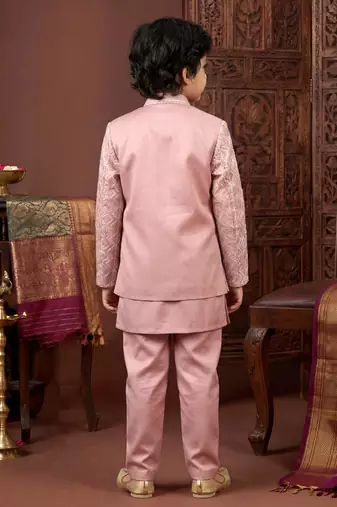 Boys rose pink satin chevron sequined sherwani set with jacket & necklace