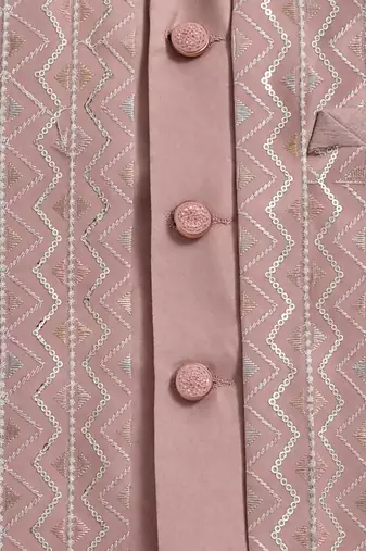 Boys rose pink satin chevron sequined sherwani set with jacket & necklace