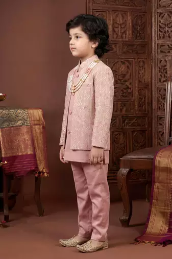 Boys rose pink satin chevron sequined sherwani set with jacket & necklace