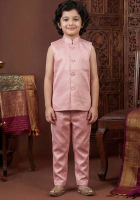 Boys rose pink satin chevron sequined sherwani set with jacket & necklace 5