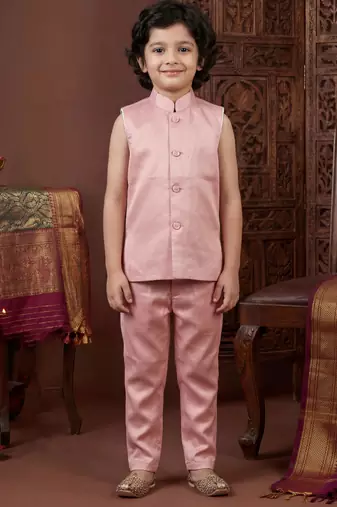 Boys rose pink satin chevron sequined sherwani set with jacket & necklace