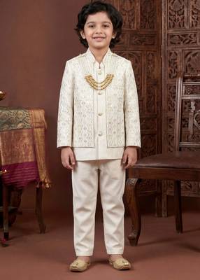 Boys off white satin chevron sequined sherwani set with jacket & necklace 1