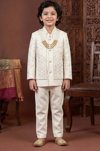 Boys off white satin chevron sequined sherwani set with jacket & necklace