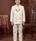 Boys off white satin chevron sequined sherwani set with jacket & necklace