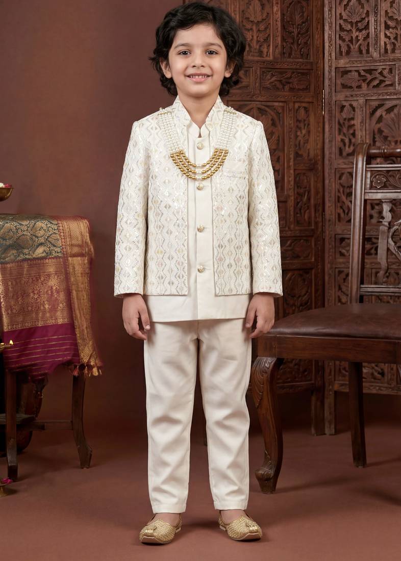 Boys off white satin chevron sequined sherwani set with jacket & necklace