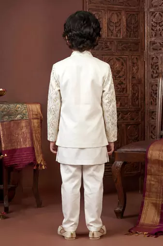 Boys off white satin chevron sequined sherwani set with jacket & necklace