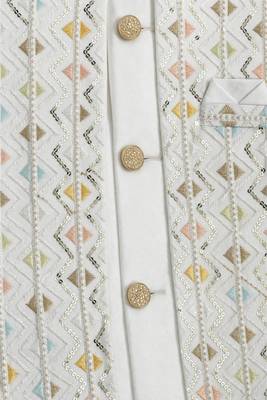 Boys off white satin chevron sequined sherwani set with jacket & necklace 3