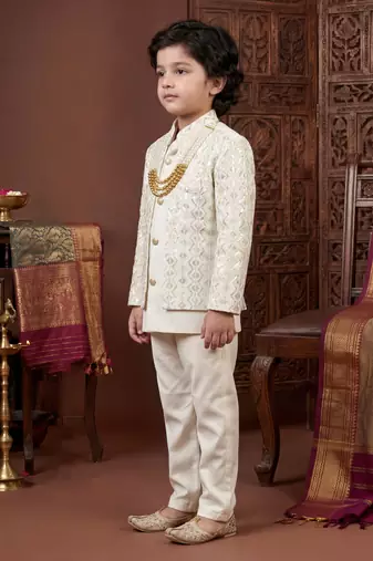 Boys off white satin chevron sequined sherwani set with jacket & necklace