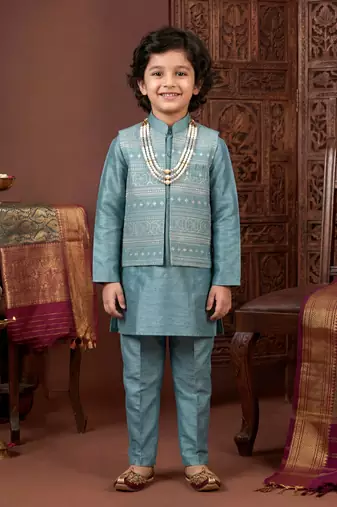 Boys teal satin embroidered kurta pant set with waistcoat & necklace
