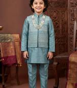Boys teal satin embroidered kurta pant set with waistcoat & necklace
