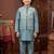 Boys teal satin embroidered kurta pant set with waistcoat & necklace