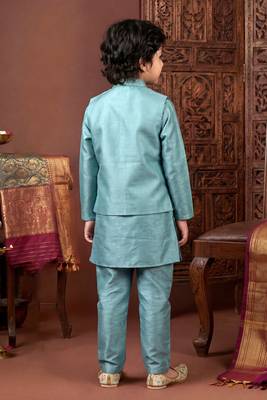 Boys teal satin embroidered kurta pant set with waistcoat & necklace 2