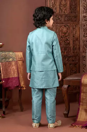 Boys teal satin embroidered kurta pant set with waistcoat & necklace