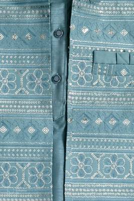 Boys teal satin embroidered kurta pant set with waistcoat & necklace 3