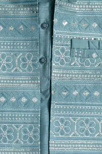 Boys teal satin embroidered kurta pant set with waistcoat & necklace