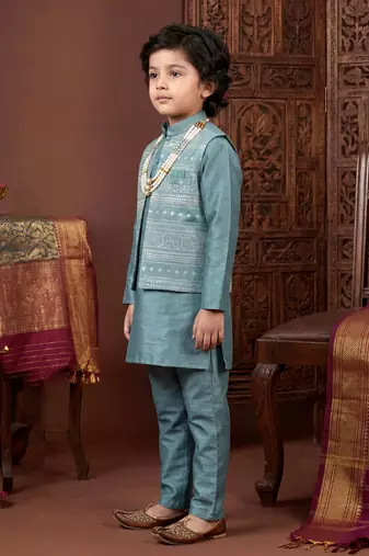 Boys teal satin embroidered kurta pant set with waistcoat & necklace