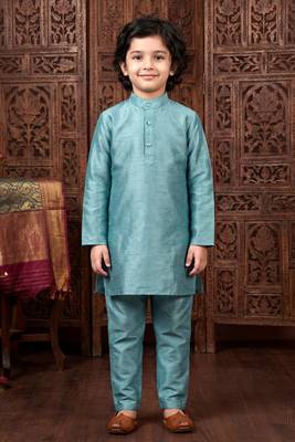 Boys teal satin embroidered kurta pant set with waistcoat & necklace 5