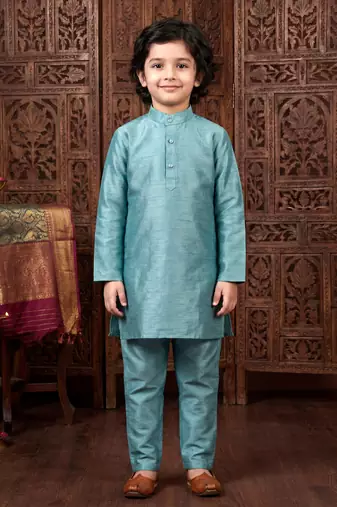 Boys teal satin embroidered kurta pant set with waistcoat & necklace