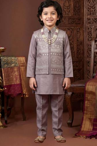 Boys mauve satin embroidered kurta pant set with waistcoat & necklace