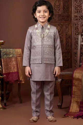 Boys mauve satin embroidered kurta pant set with waistcoat & necklace