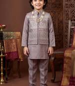 Boys mauve satin embroidered kurta pant set with waistcoat & necklace