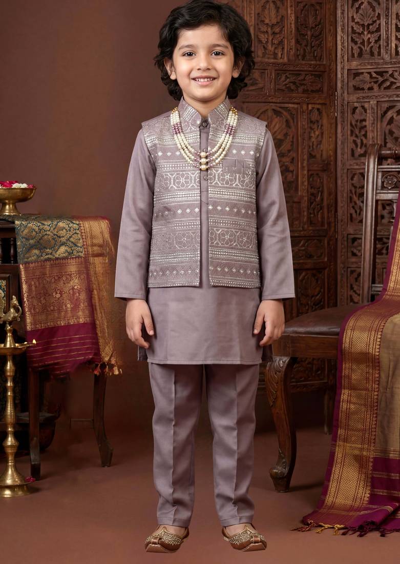 Boys mauve satin embroidered kurta pant set with waistcoat & necklace
