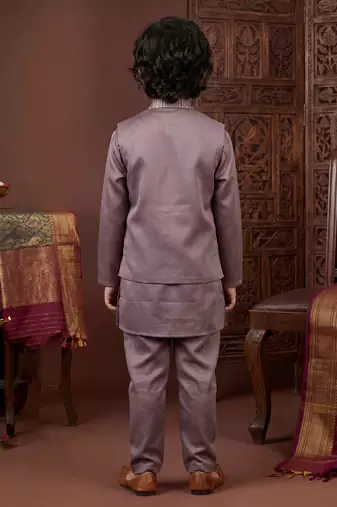 Boys mauve satin embroidered kurta pant set with waistcoat & necklace
