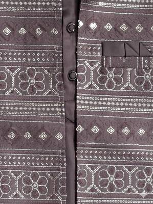 Boys mauve satin embroidered kurta pant set with waistcoat & necklace 3