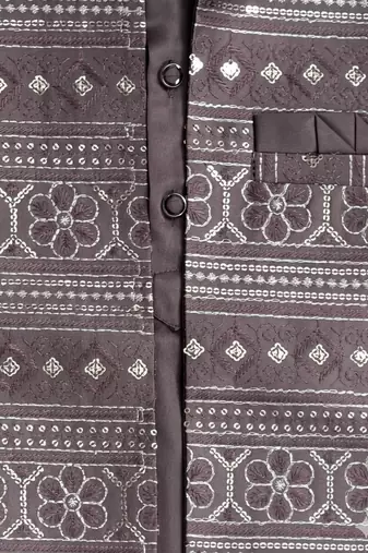 Boys mauve satin embroidered kurta pant set with waistcoat & necklace