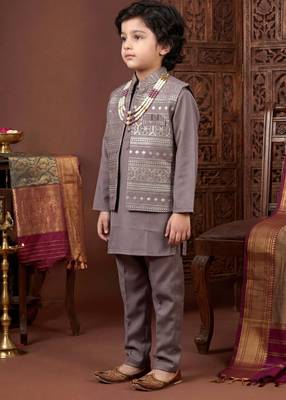 Boys mauve satin embroidered kurta pant set with waistcoat & necklace 4