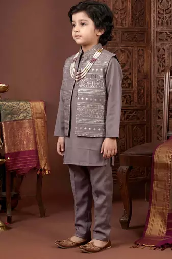 Boys mauve satin embroidered kurta pant set with waistcoat & necklace