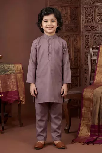 Boys mauve satin embroidered kurta pant set with waistcoat & necklace