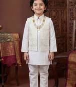 Boys white satin embroidered kurta pant set with waistcoat & necklace