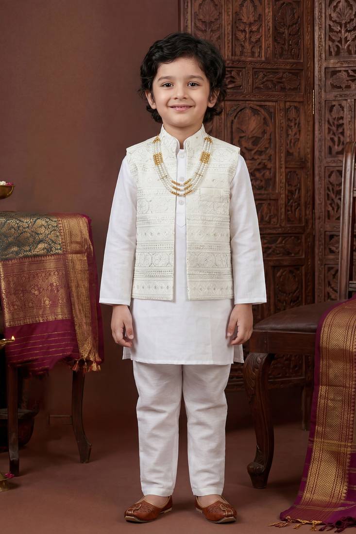 Boys white satin embroidered kurta pant set with waistcoat & necklace