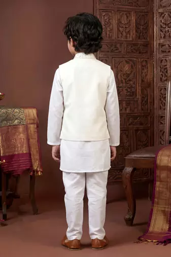 Boys white satin embroidered kurta pant set with waistcoat & necklace