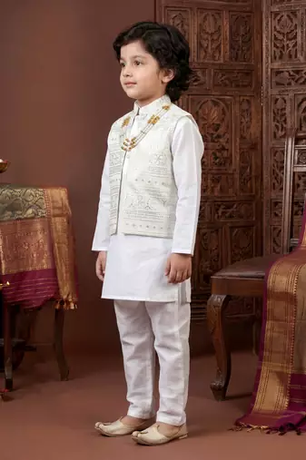 Boys white satin embroidered kurta pant set with waistcoat & necklace