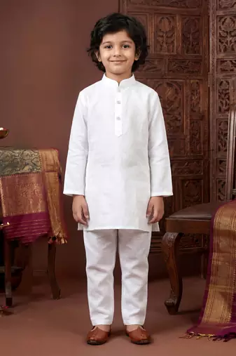 Boys white satin embroidered kurta pant set with waistcoat & necklace
